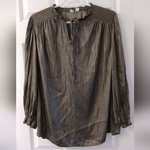 Cato Smocked‑Shoulder Ruffle‑Neck Blouse – Size 14/16W – Dark Olive Green